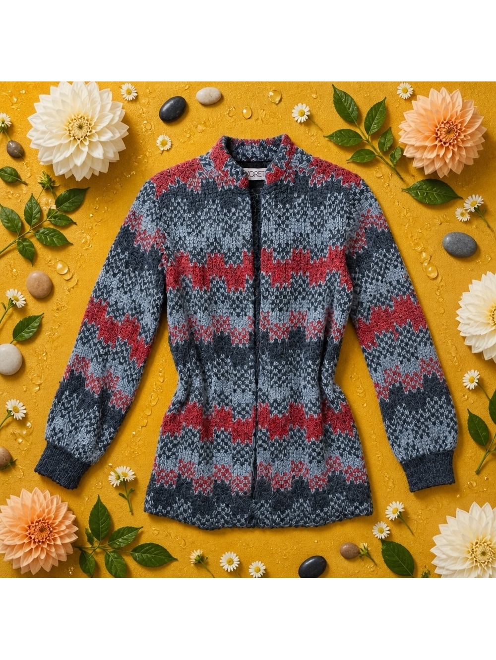 Cardigan Jacket Women’s S Gray Red Chevron Fuzzy Open Front Koret 1960’s Alpaca